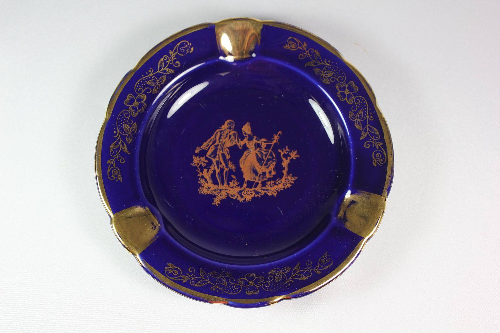 Vintage Porcelain LIMOGES France COBALT Blue Gold Dish Ash Tray Plate